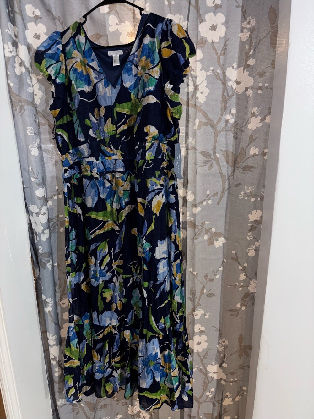 London Times Navy Floral Maxi Dress with Blue and Green Blooms